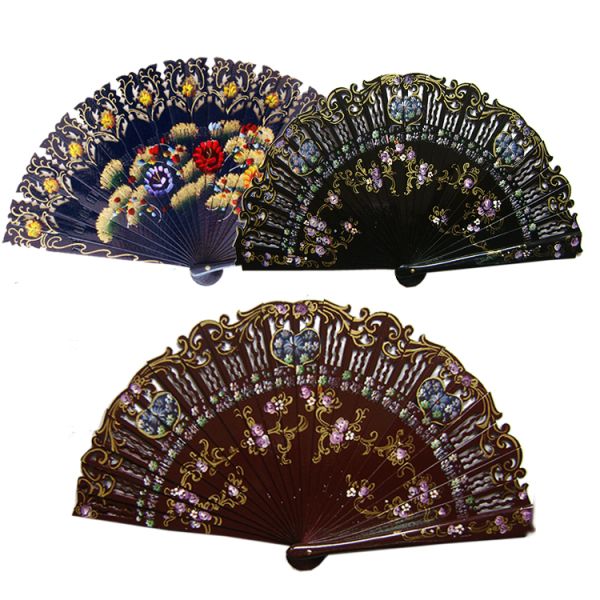 Round Head Flower Shape Carving Design Wood Hand Held Fan Hand Painted Spanish Fan