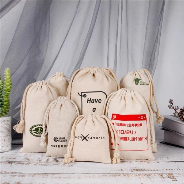 Reusable School Bag Trolley Custom Logo Printed Linen Cotton Canvas Drawstring Bag