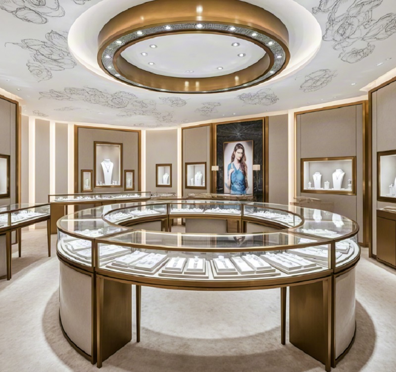 Luxury 360° Panoramic Curved Glass Jewelry Display Counter with Integrated LED Lighting System and 100% Full Customization