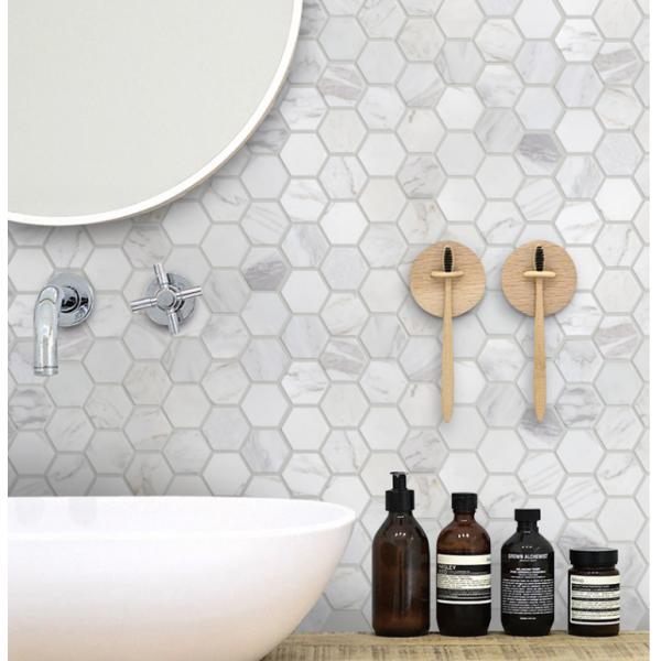 Hexagon Inlay Bianco Carrara White Grey Cream Broken Wood Marble Onyx Waterjet Floor Tiles