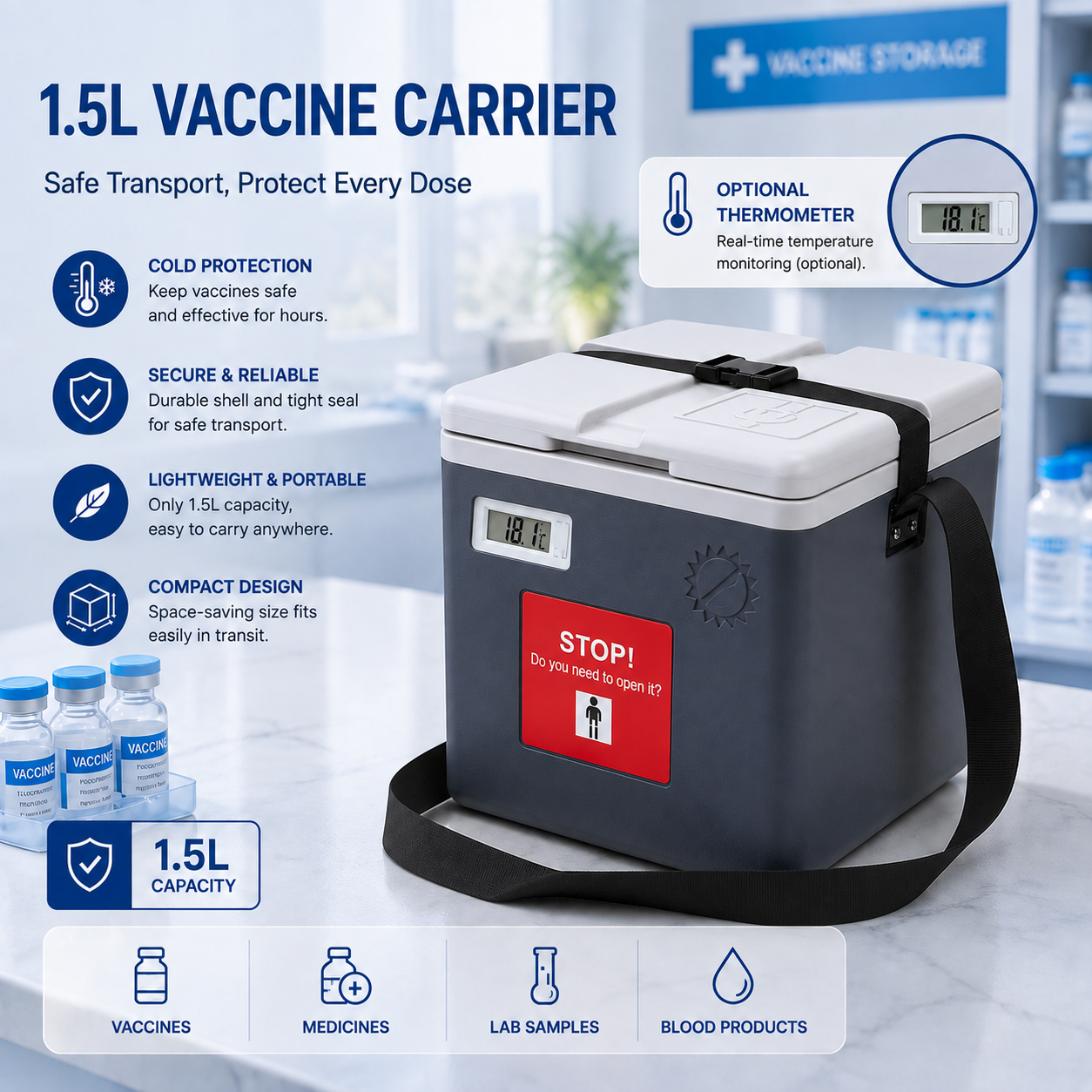 Phefon CE ISO Qualified 1.5 Liters Vaccine Cooler Box Including Ice Pack For Safe Temperature-Controlled Vaccine Transportation
