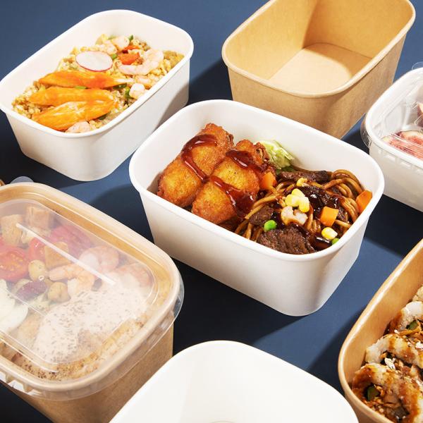 Waterproof disposable biodegradable Kraft Food Grade Paper Customized Printing Square Rectangular bowls with lid