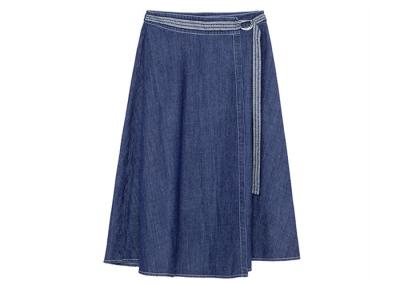Indigo Denim Ladies Skirt Dress Beltd High Waist Knee Length Skirt Wide Hem