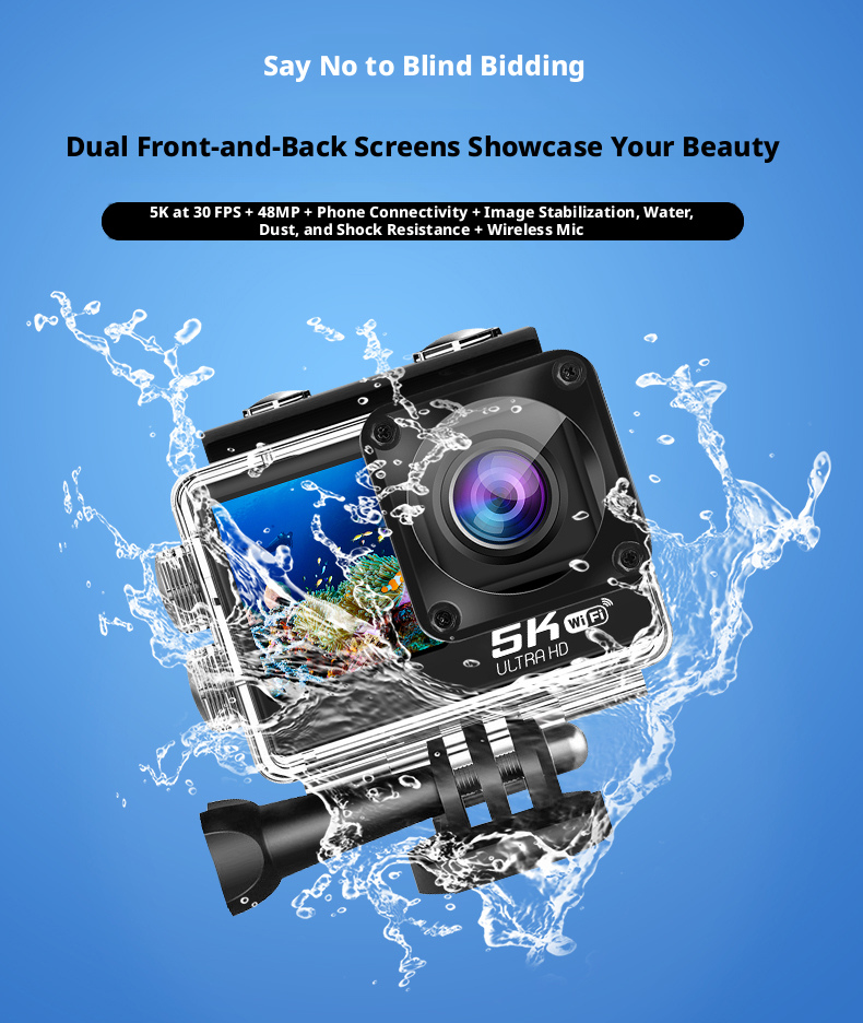 DLC Dual Screen 5K Sports Camera 30M Waterproof Wireless Remote Mic Car Dash Cam for Bicycle Motorcycle Diving Photography