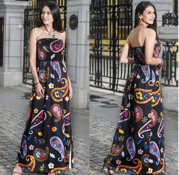 European-style fashion strapless printed long billowing skirt maxi sexy dress