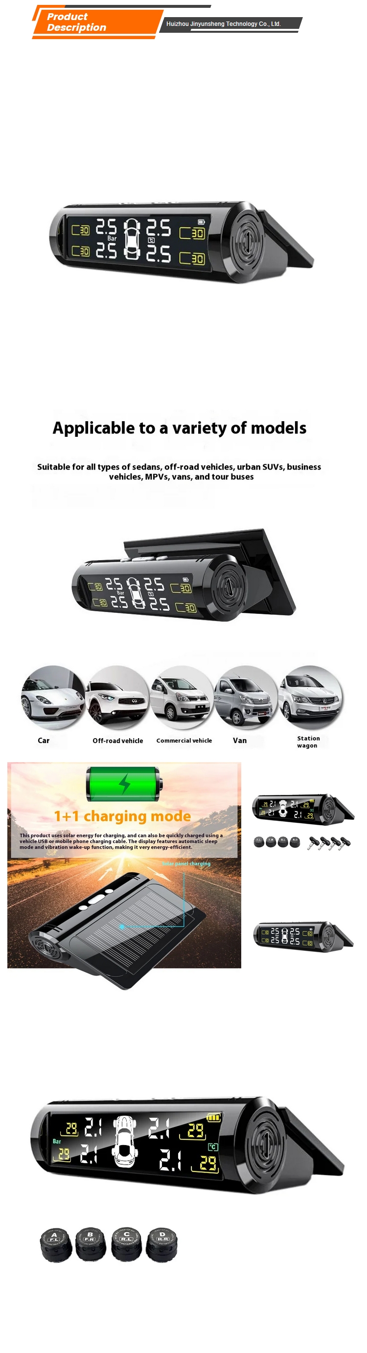 New JYS S7 Car TPMS Tire Pressure Monitor with External Wireless Solar Sensor Plastic Universal Fitment 12V 1y Warranty