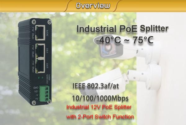Diviseur industriel d'IEEE802.3af/at PoE avec la fonction de commutateur 2 gauche, tension 12VDC de sortie
