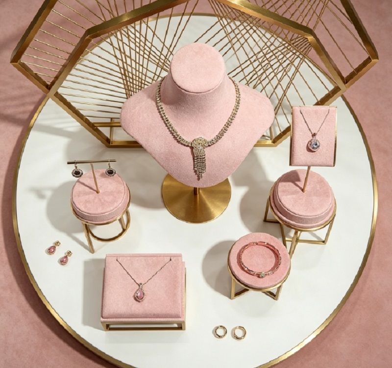 Luxury Pink Velvet Jewelry Display Set with Premium Brushed Gold Geometric Frame and Ergonomic Stand Design