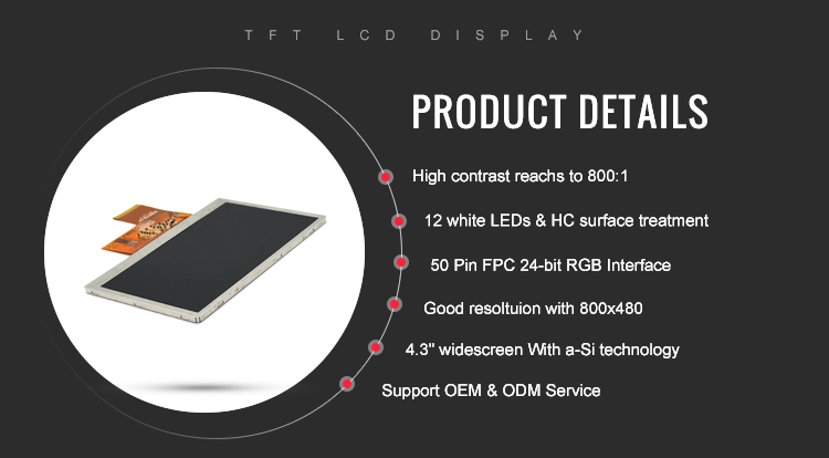 OEM 50 Pin 800x480 TFT 4.3 Inch LCD Display Module With A-Si Technology