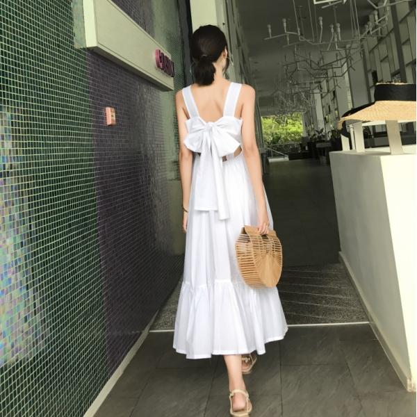 Summer Midi Womens Vacation Dresses Sleeveless Back With Bow
