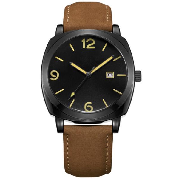 3 Atm Luxury Black 316L SS Man Quartz Watch With Leather Strap