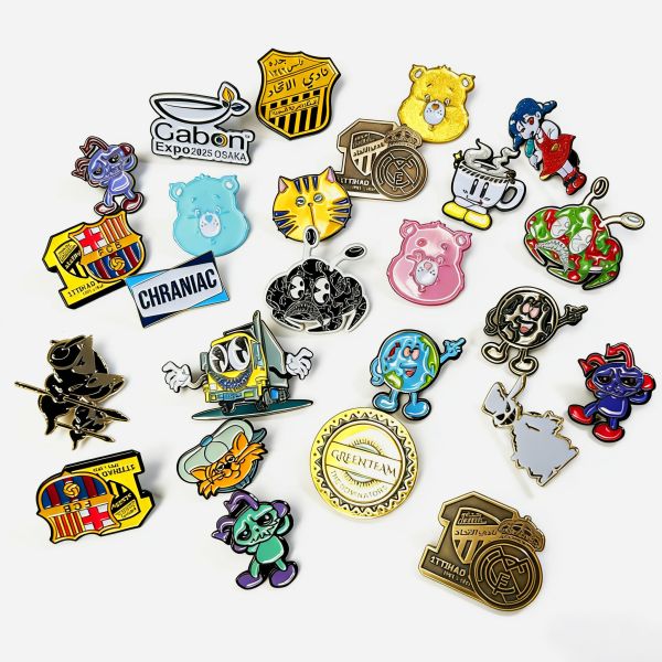 Wholesale custom silk screen enamel pins for clothing and accessory branding.