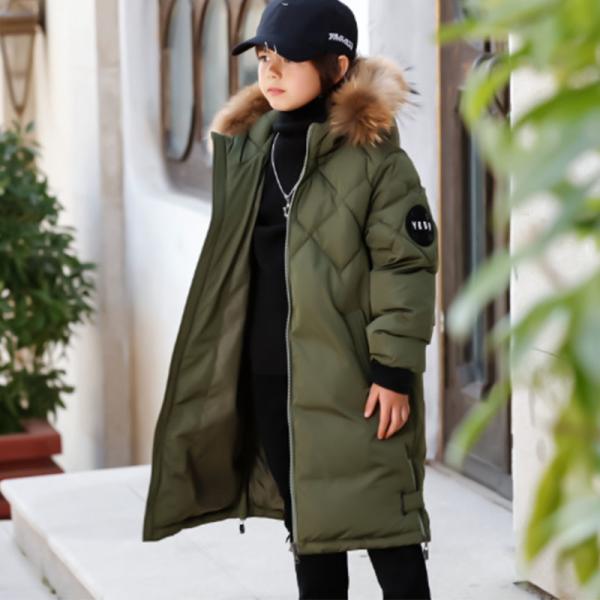 Bilemi Long Hooded Real Fur Coats Kids Down Jacket Army Gren Winter Jacket for Boy