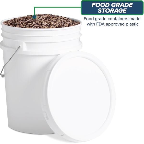 5 Gallon White Bucket & Lid - Durable 90 Mil All Purpose Pail - Food Grade - BPA Free Plasti (5 Gal. W/Lids - 6pk)