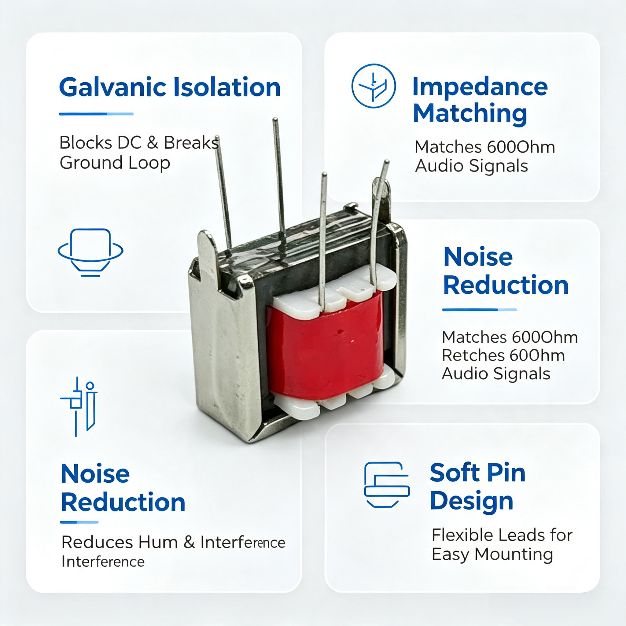 Soft Pin EI14 Audio Transformer 600Ohm 1:1 for Ground Loop Noise Elimination in Broadcast Equipment