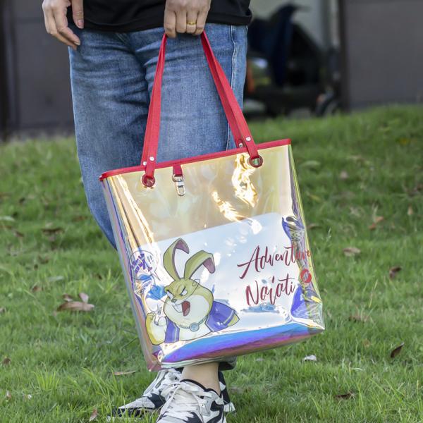 Custom Digital Printing Trendy Transparent PVC Shoulder Handbag Durable Washable Holographic Women'S Tote Shopping Bag