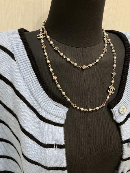 Colorful Crystal Star Double C Pearl Pendant Necklace 70-80cm Length Versatile Design