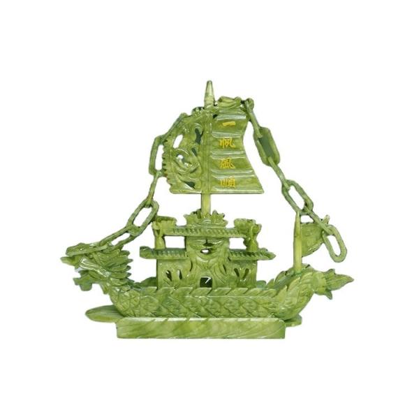 Crafted 28cm Chinese Good Luck Decoration Jade Stone Craft Dragon Boats for Ornament/Gift