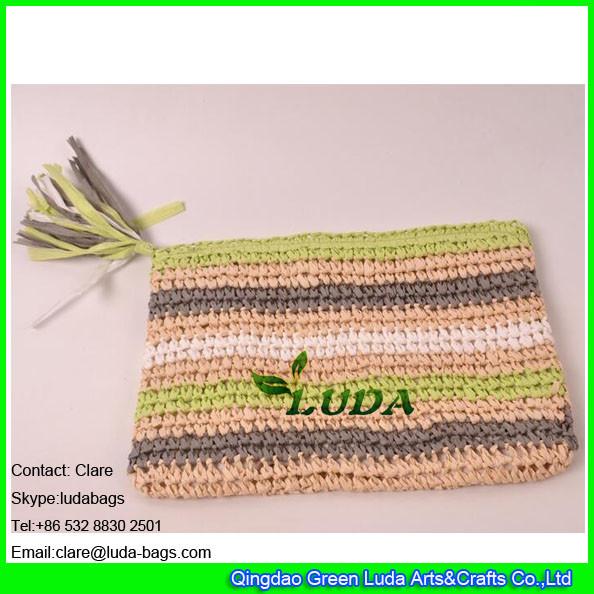 LDZS-011 striped color clutch bag hand crocheting lady macrame paper straw clutch bag