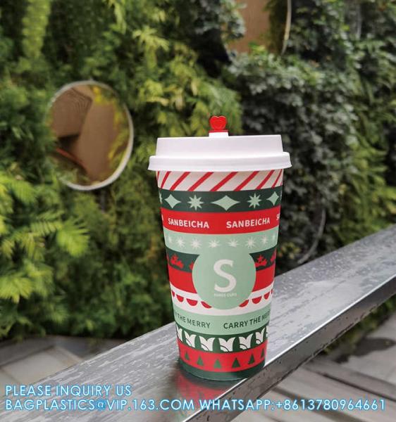 Christmas Paper Coffee Cups With Sleeves Lids 12 Oz Xmas Disposable Party Cup Christmas Tree Hot Cocoa Cups