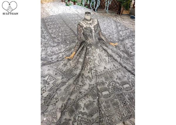 Backless Grey Tailor Made Prom Dresses , Long Sleeve Ball Gown Luxury Beading