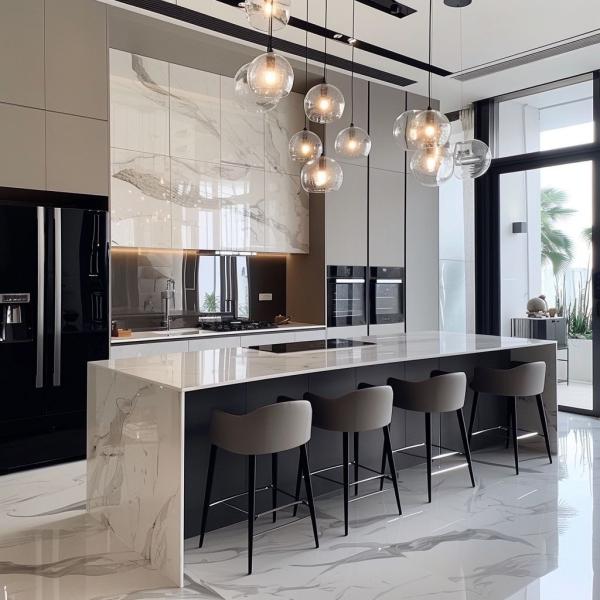 Modern Complete Kitchen Cabinet Solid Wood Melamine Board Carcase French Marble Drawer Baskets Sink for Villas Kitchens