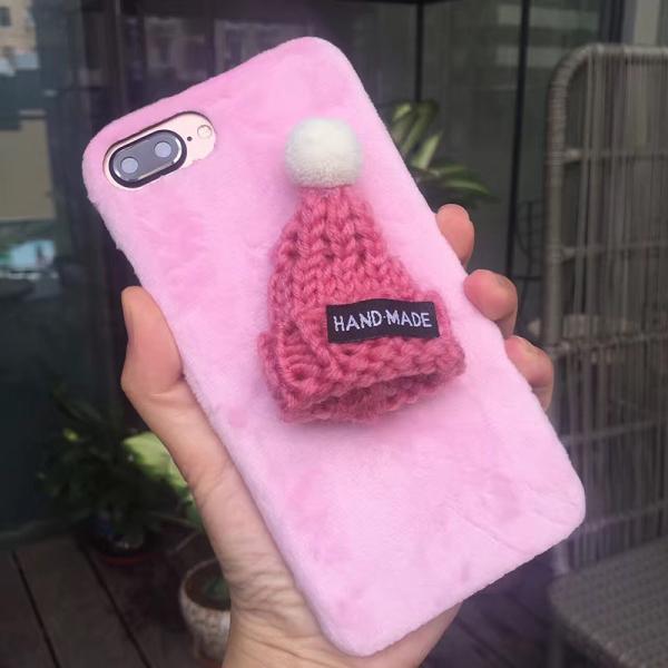 DIY Korean Plush Christmas Handmade Woollen Hat Winter Style Back Cover Cell Phone Case For iPhone 7 6s Plus