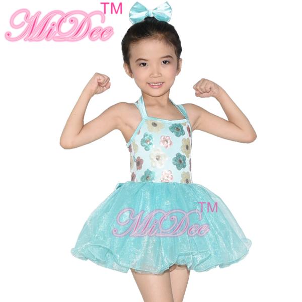Floral Kids Dance Clothes Halter Neck Sequin Dress Tulle Tutu Skirt Attached