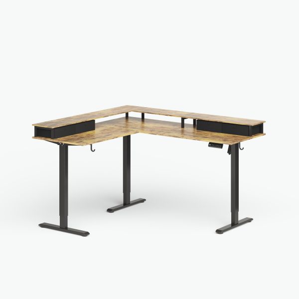 Bureau debout électrique brun rustique avec rangement, moteur unique, 2 étages, charge maximale 80 kg