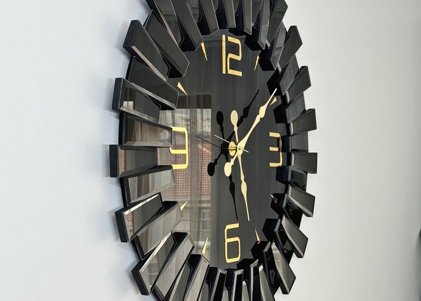 60CM and 80CM Black Mirror Wall Clock - Stylish Timepiece with Gold Accents
