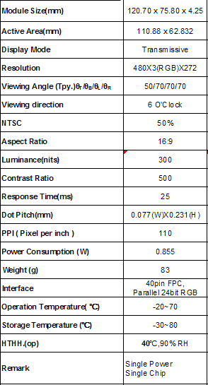 AT050TN33 TFT LCD Module 16 / 9 Aspect Ratio OEM / ODM Available