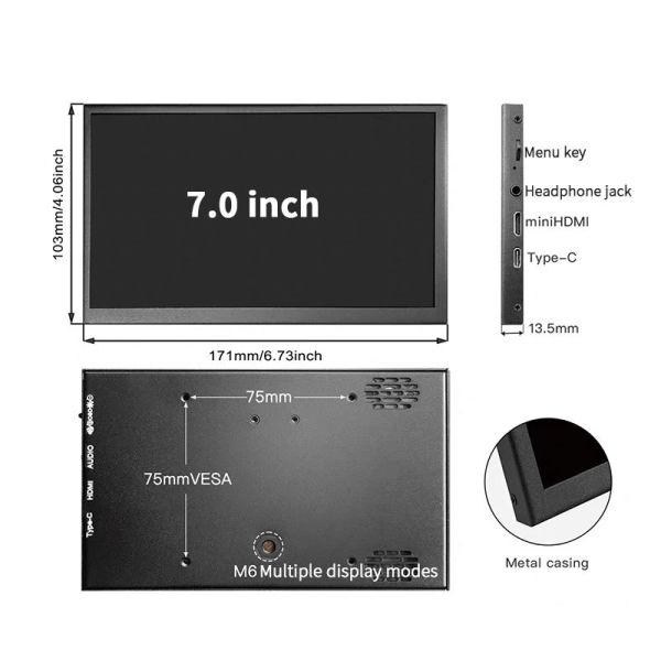 IPS Portable Monitor 7 Inch 1024*600 Resolution HDMI And Raspberry Pi Compatibility