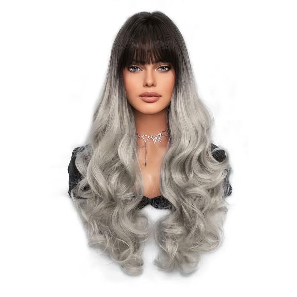 Fashion Long Body Wave Dark Root Hair  Black/Grey Synthetic Wigs For Women