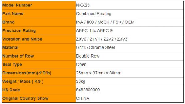 Double Row  NKX25 Combined Thrust Needle Roller Bearings Series for Machinery
