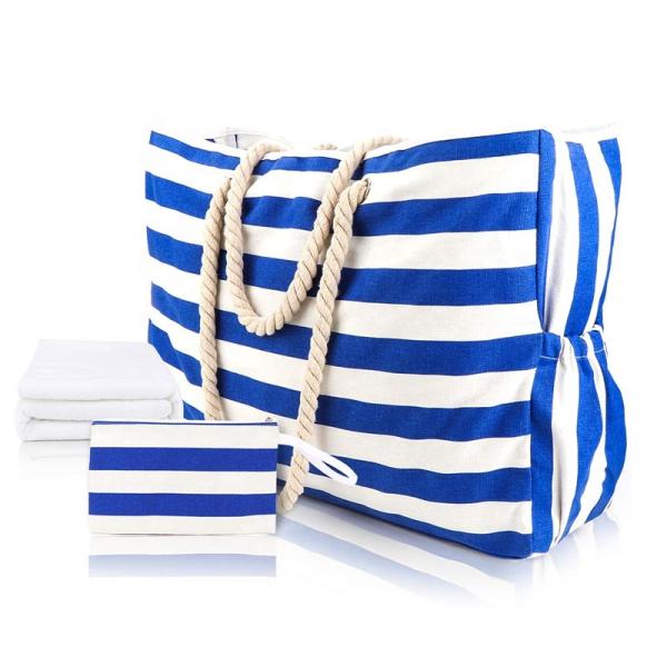Striped Cute Fabric Canvas Tote Beach Bag Waterproof For Girls Ladies