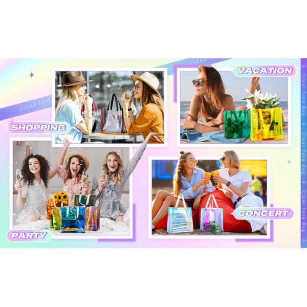 Custom Plastic Tote Bag With Handles Clear Beach Bags Transparent Stadium Bag Holographic Waterproof Versatile Beach Clear Printed Word Tote Bag Work Handbag Shoulder PVC Tote Shopping Bag