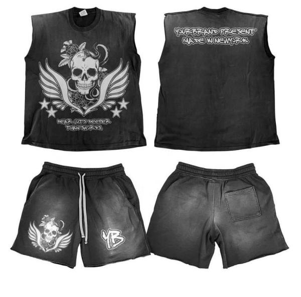 Support Customized Logo Sun Faded Acid Wash Vintage Sleeveless T shirt and Shorts Set