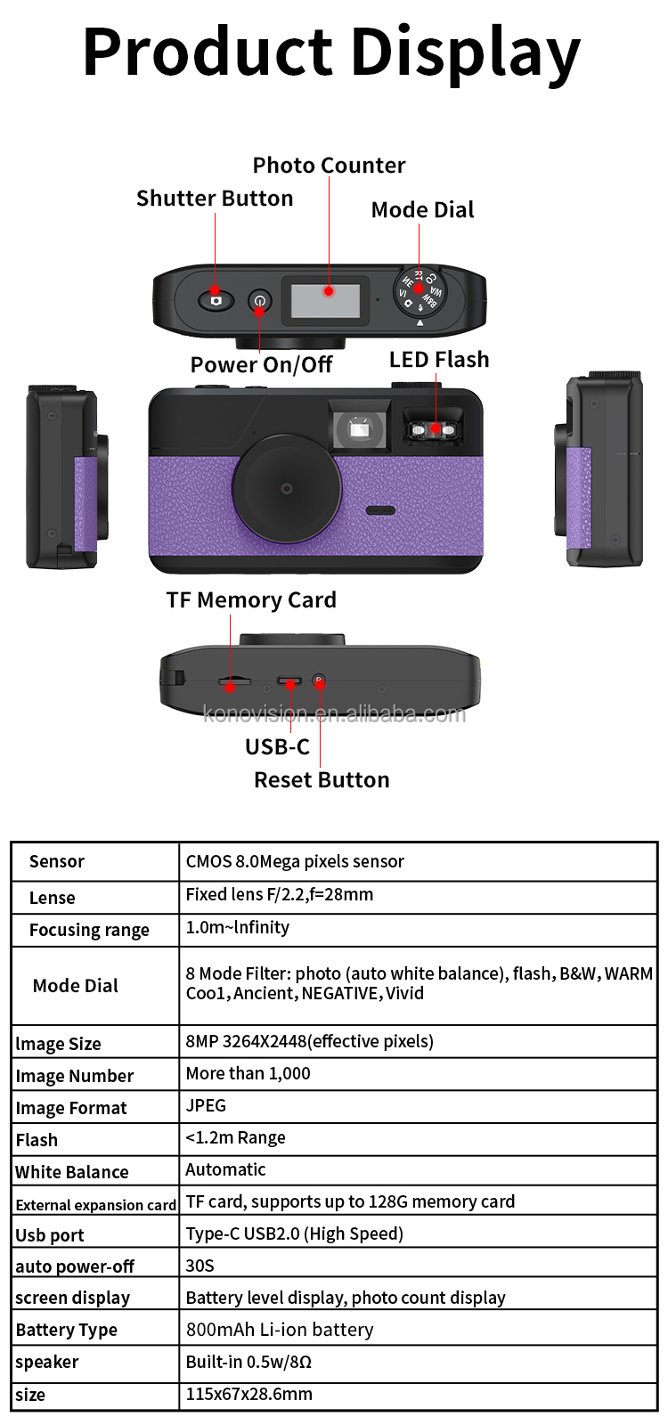 Retro Screenless Digital Camera Screen-free 8 Mode Filters Without Screen 8MP Photo Screen Free LED Flash Camping Camera