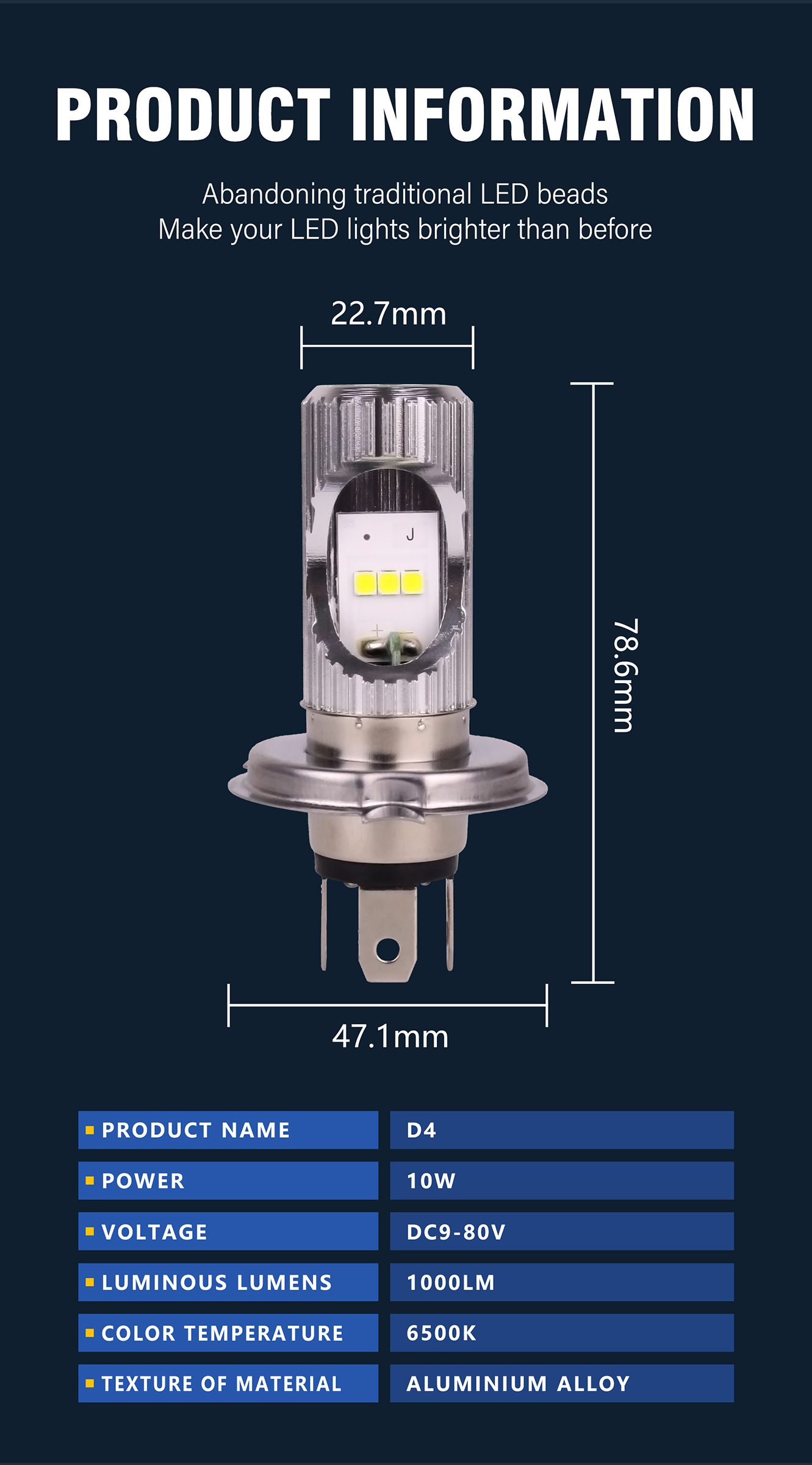 10W Motorcycle LED Bulb 9V - 80V Motorcycle Spotlight Bulbs 1000LM Smart Temperature Control