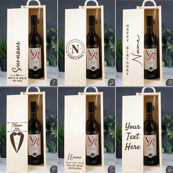 TIMBER Wood Type Personalised Wine Box with Laser Engraved Design and Acrylic Inserts