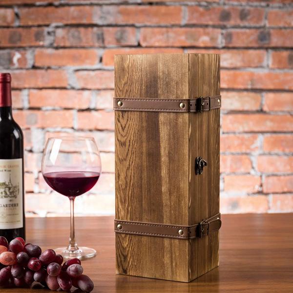 Embossing Wooden Wine Box Leatherette Straps Handmade Wooden Wine Glass Box