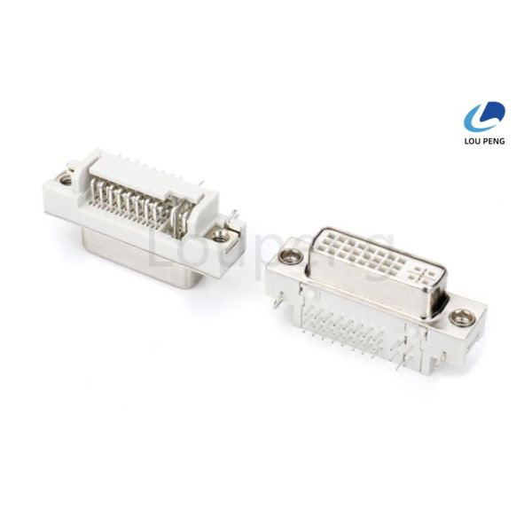 DVI 24+5pin 90 degree female connector, semi-gold white glue, riveted metal harpoon, 1.30mm positioning post, 2.30mm tail end, screw fastening.