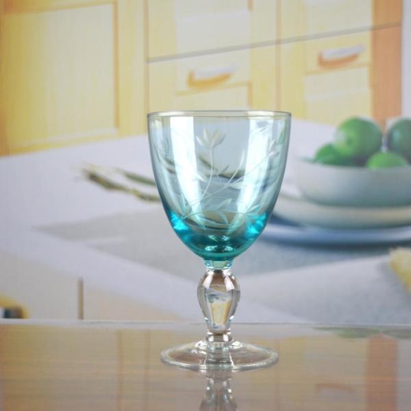 Vintage Scandinavian Style Engraved Turqoise Crystal Wine Glass , Clear Goblet Glasses