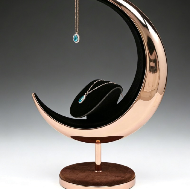 Elegant Moon-Shaped Jewelry Tree Stand with Rose Gold-Plated Metal Frame and Black Velvet Lining