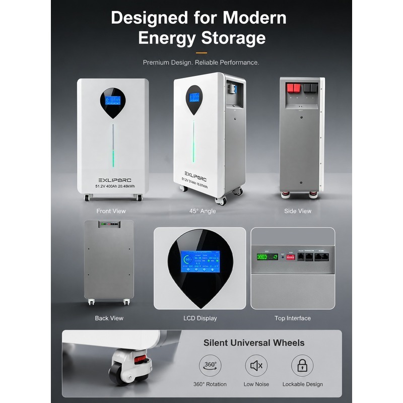 EXLIPORC 20.48kWh 51.2V 400Ah LiFePO4 Home Battery (LVB20WTC) - Upgrade to 25% More Energy