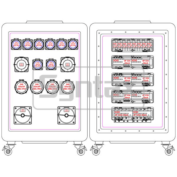 Syntax MD4 Three Phase 250AMP IP67 Waterproof HDPE Mobile Distribution Power Panel On Wheels With Differential Protected 630x430x900mm