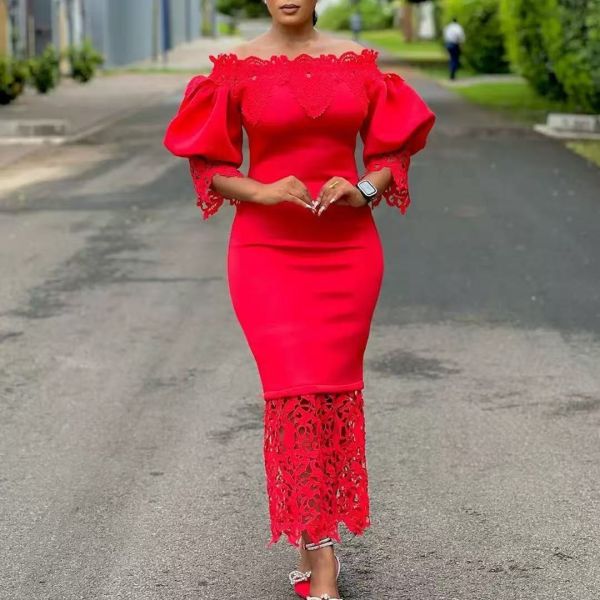 African Style Off Shoulder Lace Neckline Puff Sleeves Midi Bodycon Party Dress with Stretch Fabric