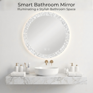 Kingstin Smart Round LED Bathroom Mirror, Frameless Crushed Diamond Edge, 3