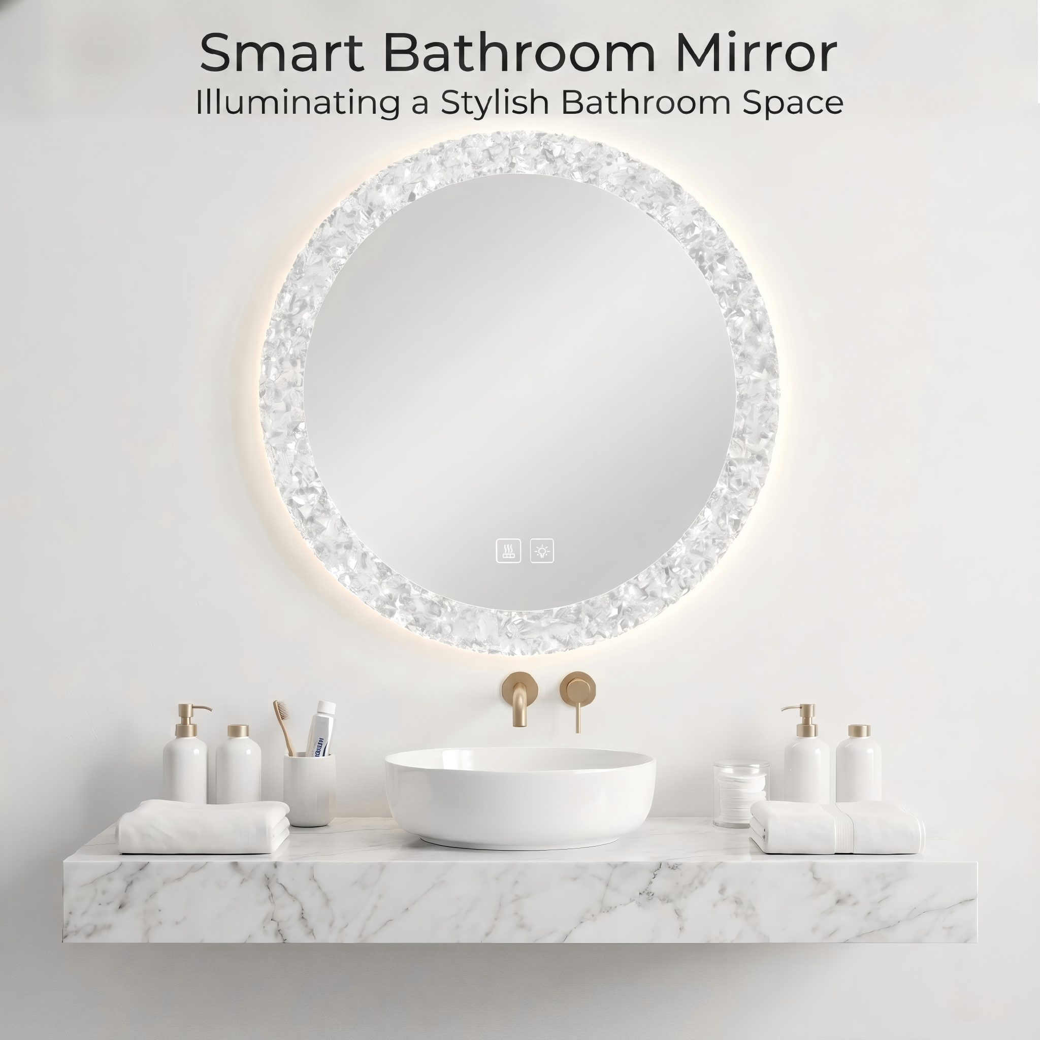 Kingstin Smart Round LED Bathroom Mirror, Frameless Crushed Diamond Edge, 3 Color Dimmable, Anti-Fog Wall Makeup Mirror