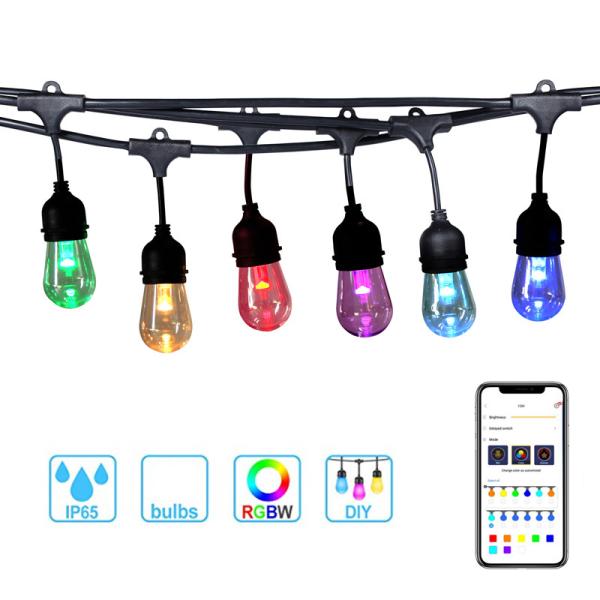 LED Cafe lights with Tuya APP Wifi smart RGBW String Lights 48ft 24sockets hanging lights for patio comme